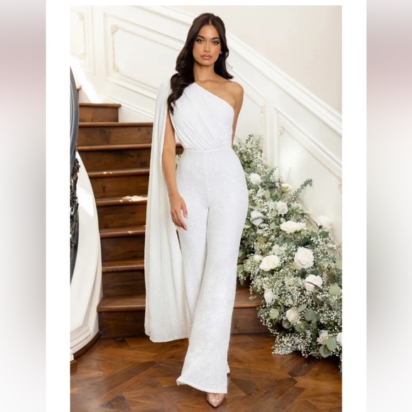 Club L London Pants - Club L London White Sequin One-Shoulder Jumpsuit, US 6